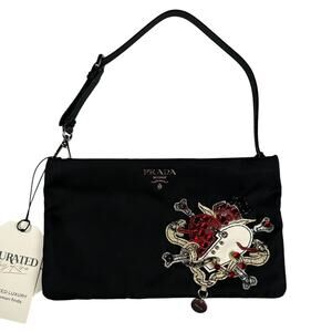 Prada Nylon Tessuto Heart Tattoo Pochette Mini Bag Black